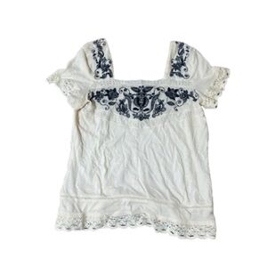 Zara Off-White Lace Trim Strapless Top with Black Embroidery